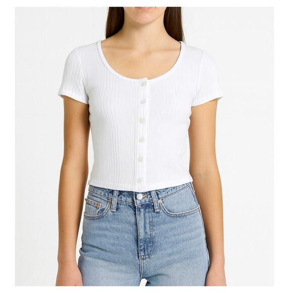 Frame White Ribbed Button Front Crop Top Women’s 90s Y2K Fitted Scoop Neck Tee - Picture 1 of 6